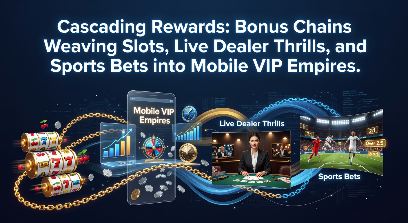 Smartphone mit überlappenden Bildschirmen von Slot-Maschinen, Live-Roulette-Tischen und Sportwetten-Quotes, die durch leuchtende Bonusketten verbunden sind