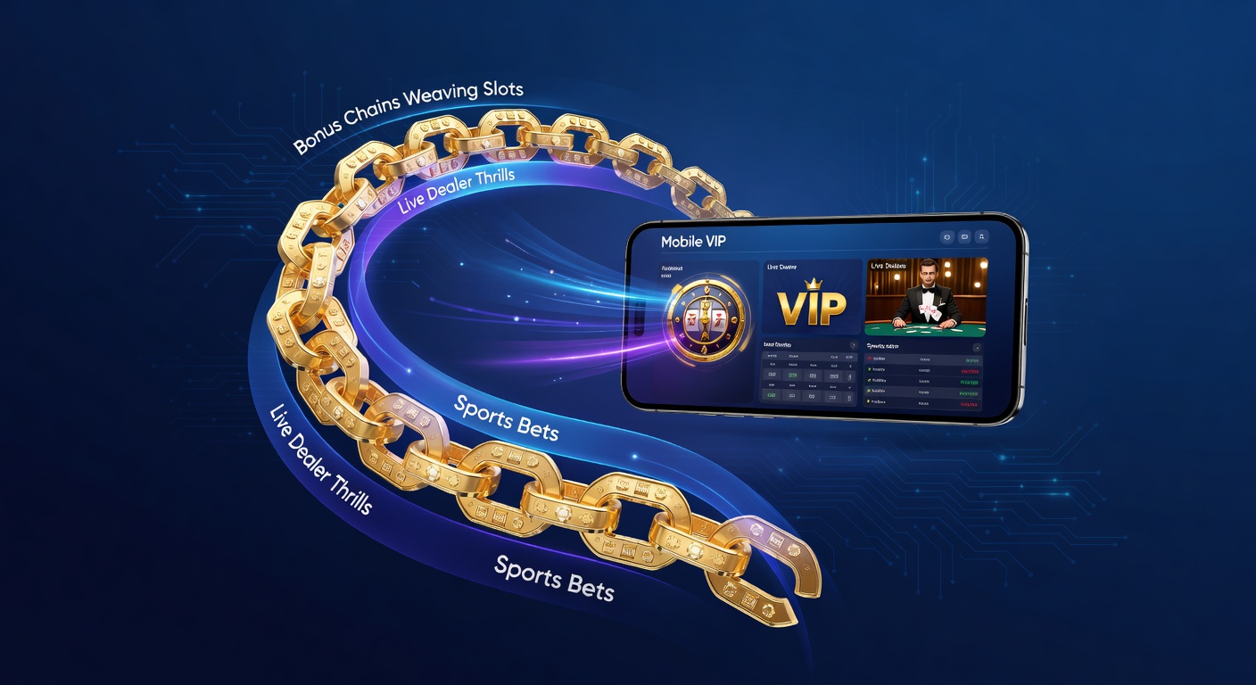 Live-Dealer-Dame am Blackjack-Tisch mit Slot-Symbolen und Sportwetten-Overlays, die durch goldene Bonusketten verknüpft sind, auf einem Tablet-Display