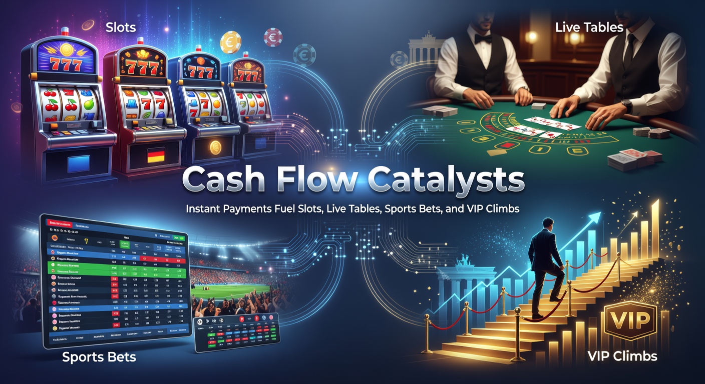 Dynamische Grafik zeigt blitzschnelle Zahlungsströme in einem digitalen Casino-Umfeld mit Slots, Live-Tischen und Sportwetten-Symbolen