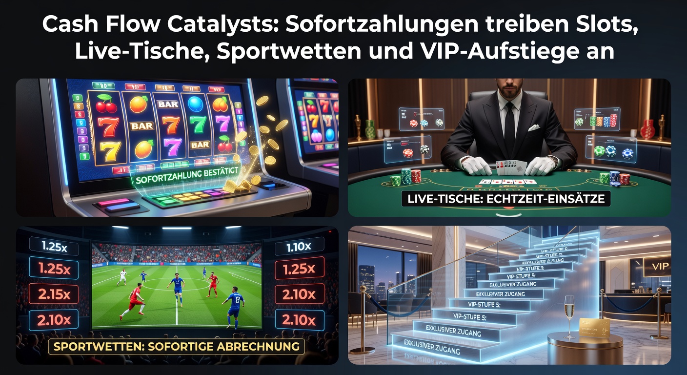 Visuelle Darstellung von Cashflow-Strömen in Online-Casinos, mit Pfeilen von Zahlungen zu Slots, Wetten und VIP-Leveln