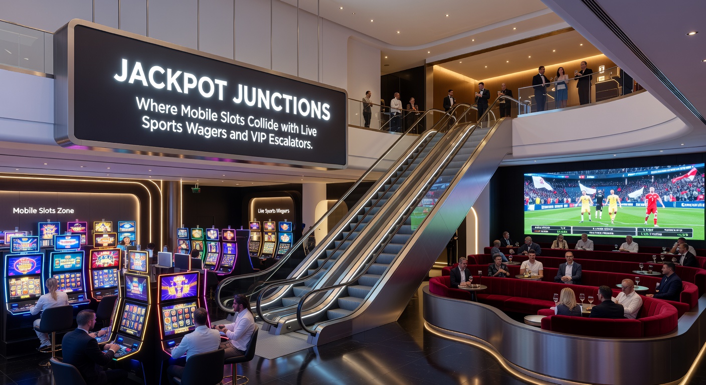 Visuelle Kollision von Slot-Maschinen, Sportstadien und goldenen VIP-Treppen in einem modernen Online-Casino