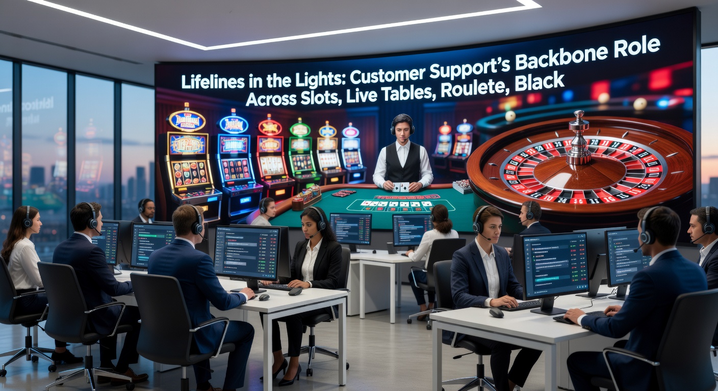 Live-Dealer-Tisch mit Roulette-Rad und Blackjack-Karten, unterstützt durch Customer Support im Hintergrund