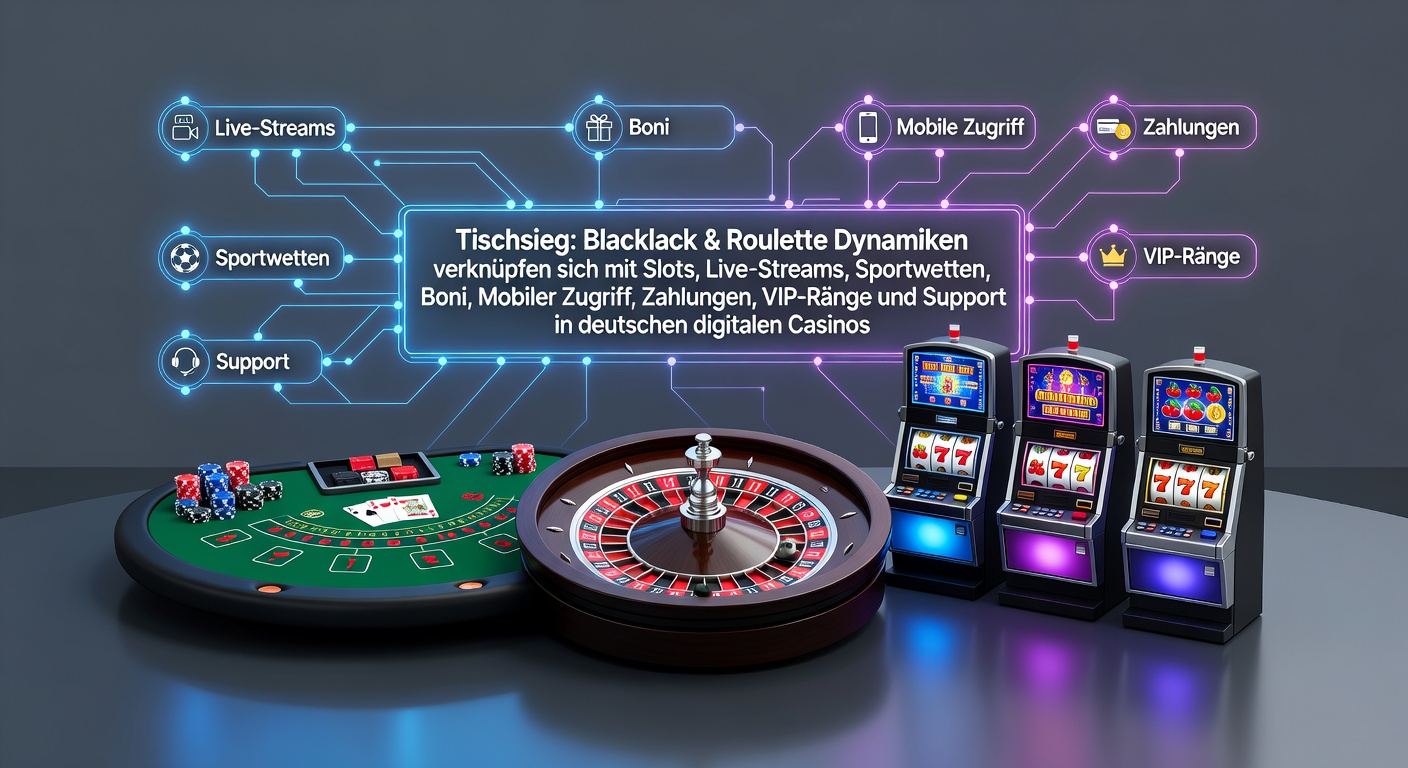 Blackjack- und Roulette-Tische inmitten digitaler Casino-Elemente wie Slots und Sportwetten in einem deutschen Online-Casino