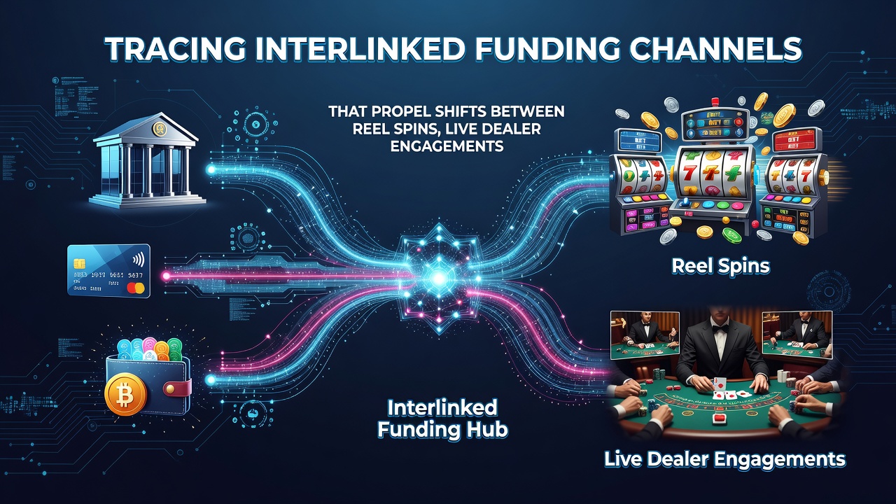 Illustration von Finanzströmen die mobile Spielübergänge zwischen Automaten Live-Tischen und Wetten unterstützen